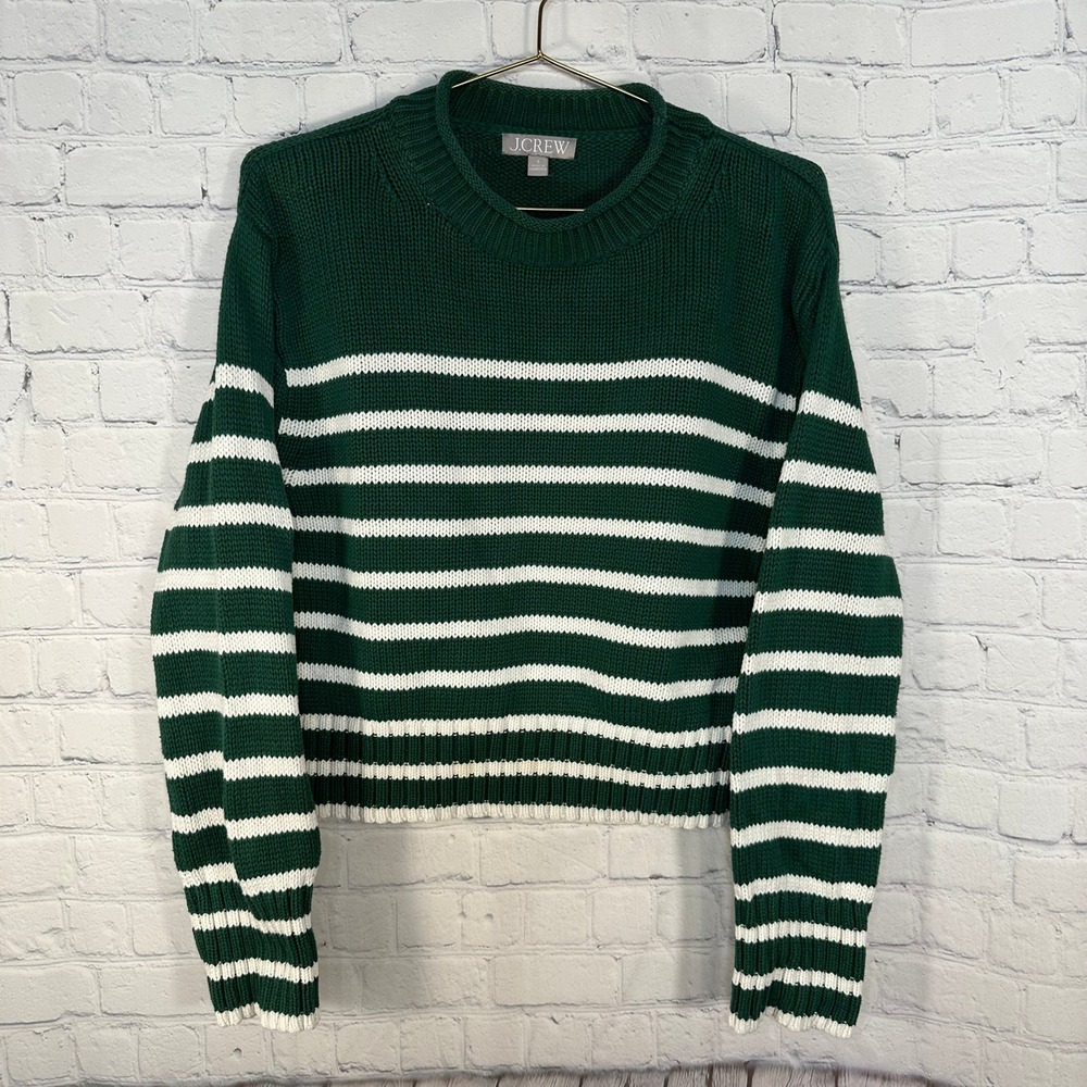 J.Crew Womens Green White Striped Cotton Knit Crewneck Sweater BV396 Size S